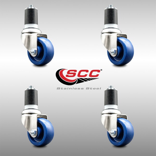 3 Inch 316SS Solid Polyurethane Swivel 1-3/4 Inch Expanding Stem Caster Set SCC